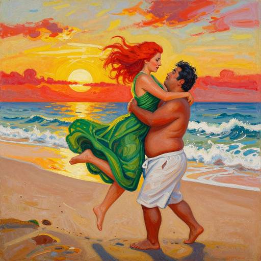 Vibrant digital painting of a shirtless, muscular man in white shorts dancing with a red-haired woman in a green dress on a sunset beach with