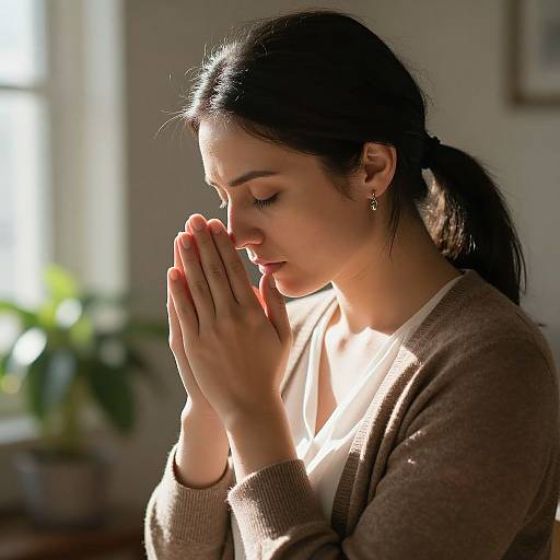 Photograph of a young woman with dark hair in a ponytail, praying with hands clasped, wearing a brown cardigan, sunlight illuminating her