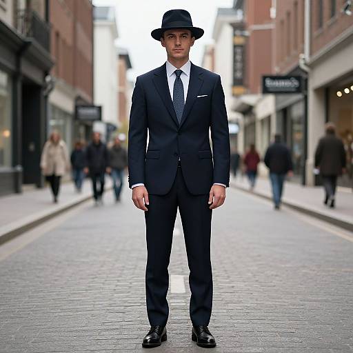 Photograph of a young man in a black suit, white shirt, black tie, and black fedora, standing on a cobblestone street with