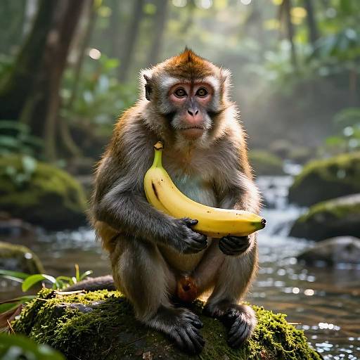 Photograph of a curious monkey with brown fur holding a yellow banana, sitting on a mossy rock in a sunlit, lush forest with a small