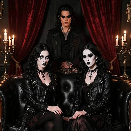 Photograph of two white-faced, black-lipstick goth women in leather jackets seated on a black leather couch, flanked by tall candles,