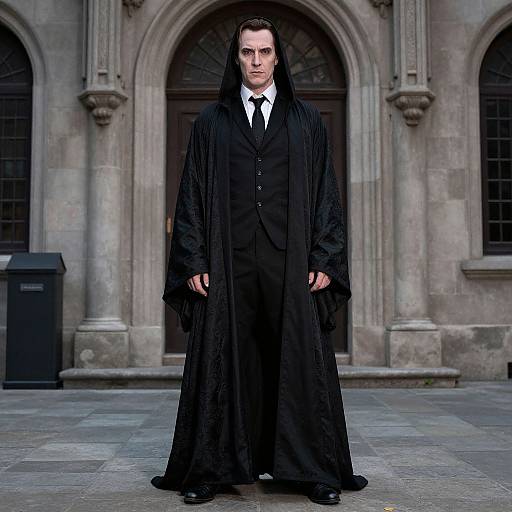 Photograph of a serious-looking man in a black, long robe with a hood, standing in front of a Gothic-style stone building with arched windows