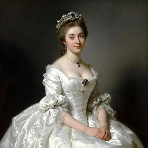 18th-century portrait of a Caucasian woman in an ornate white satin gown, off-shoulder, diamond tiara, blue gem necklace, dark