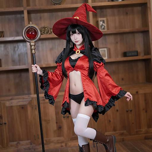 Cosplayer in Red and Black Witch Costume