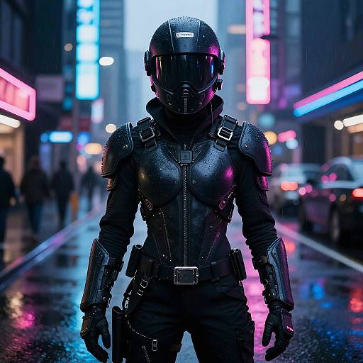 Cyberpunk night scene: armored female figure in black tactical gear and helmet stands on wet, neon-lit street, glowing neon signs and rain in