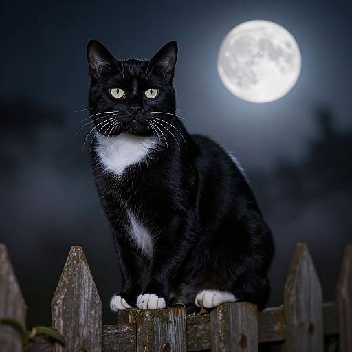 Photograph of a black cat with white chest and paws, sitting on a wooden fence under a bright full moon.