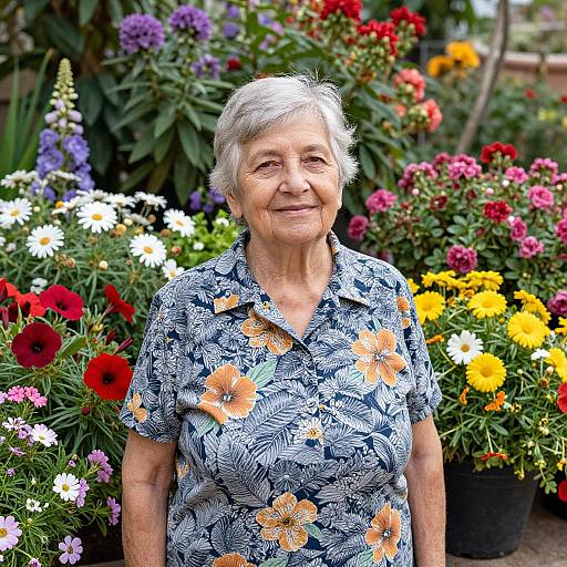 Photograph of smiling elderly woman with short gray hair, wearing blue floral shirt, surrounded by vibrant garden flowers in pots.