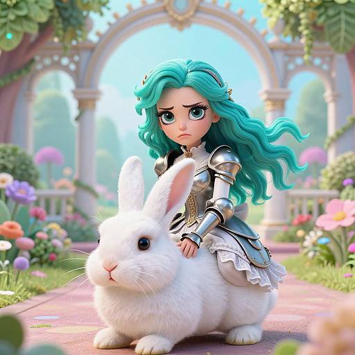 Digital illustration of a green-haired, blue-eyed, armored girl with a pouty expression, standing protectively in front of a white rabbit in a