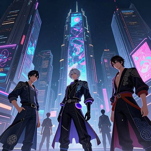 Digital anime artwork of three men in black ornate coats standing in a neon-lit, futuristic cityscape with towering skyscrapers.
