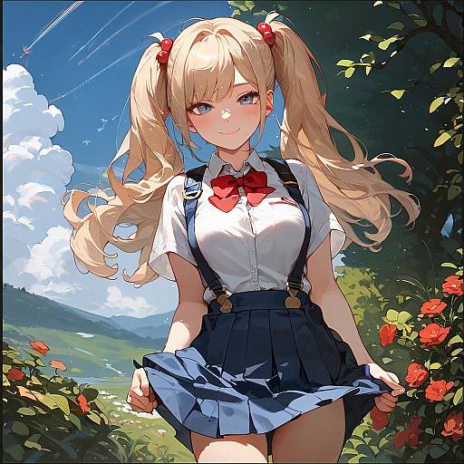 Anime-style digital illustration of a blonde girl with twin pigtails, wearing a white shirt, red bow, blue skirt, and suspenders, standing