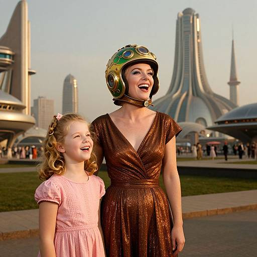 Photograph: Blonde woman in brown dress and vintage helmet, smiling beside young girl in pink dress, futuristic cityscape background.