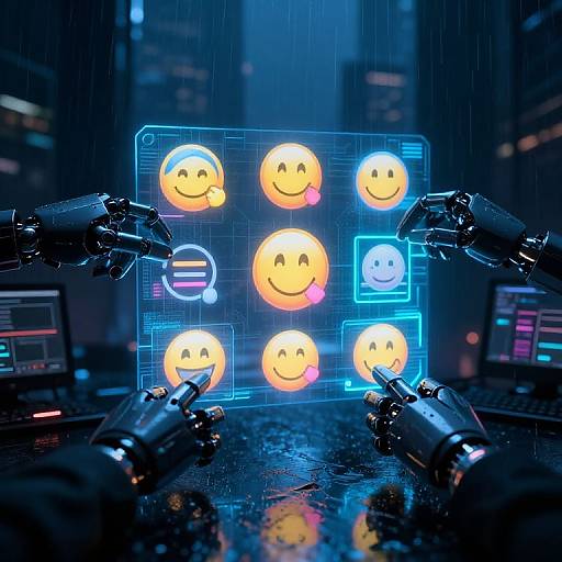 Digital CGI image: Neon blue interface with eight glowing smiley faces, surrounded by metallic robotic arms in a rainy urban night scene.