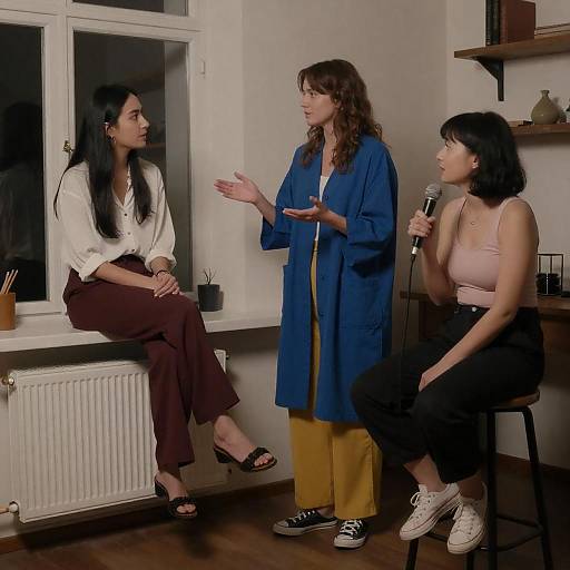 Women in Discussion with Microphone in Dimly Lit Room