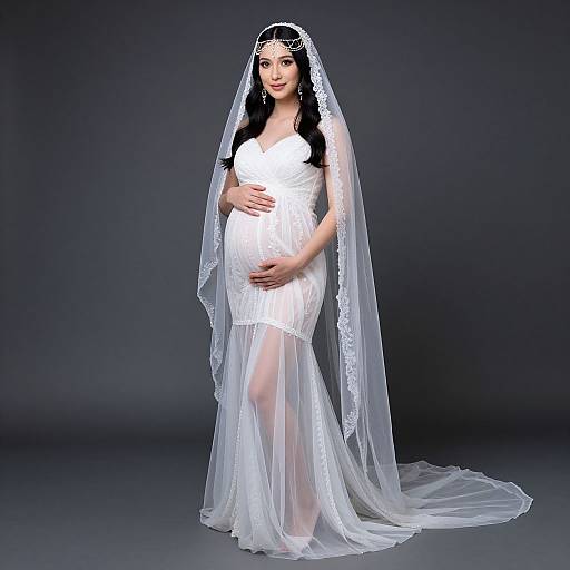 Photograph of a pregnant bride in a white, lace-trimmed, form-fitting wedding dress with a long, sheer veil, standing against a