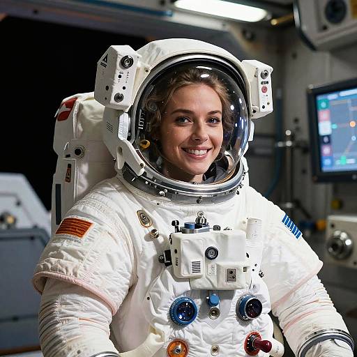 Smiling Female Astronaut in Space Station