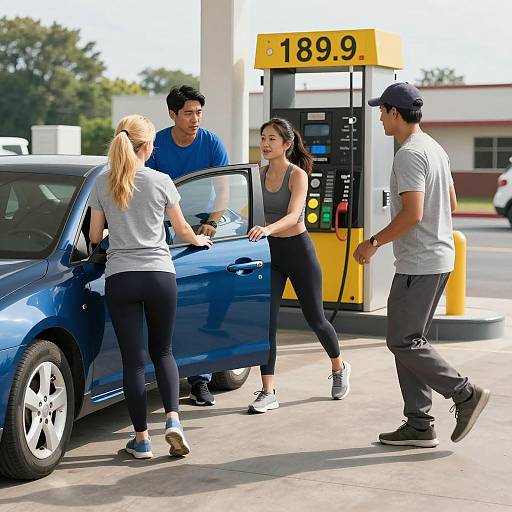 Young Adults at Gas Station with Blue Car