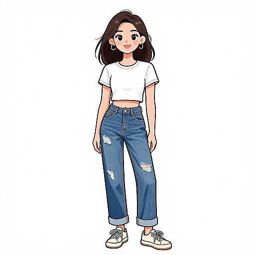 Digital illustration of a young woman with long dark hair, wearing a white crop top, ripped blue jeans, and white sneakers, standing against a white background