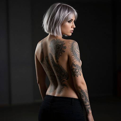 Photograph of a topless woman with silver bob haircut, extensive back and arm tattoos, facing left, against a dark background.