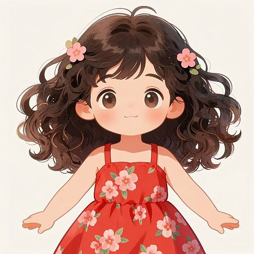 Digital anime-style drawing of a cute young girl with curly black hair, wearing a red floral dress, and pink flower hairpins, smiling with outst
