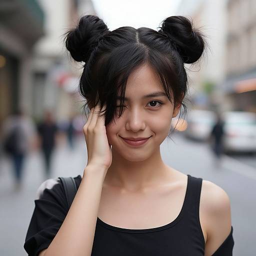 Photograph of an Asian woman with black hair in double buns, wearing a black off-shoulder top, smiling on a blurred city street.