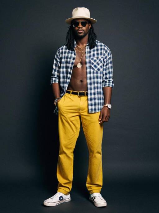 Stylish Dark-Skinned Man in Plaid Shirt and Yellow Pants