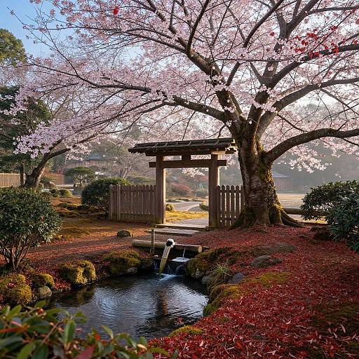 Photograph of a serene Japanese garden with a cherry blossom tree, wooden torii gate, small waterfall, and red-leaved ground.