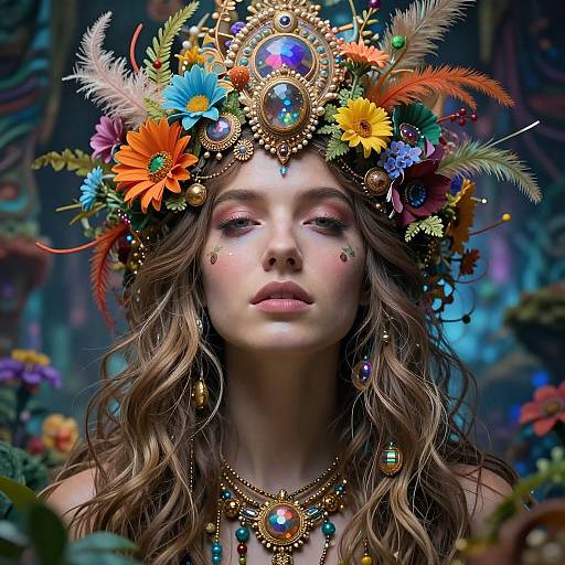 Digital art of a fair-skinned woman with wavy brown hair, wearing a vibrant, flower-adorned gold crown and matching jewelry, set against