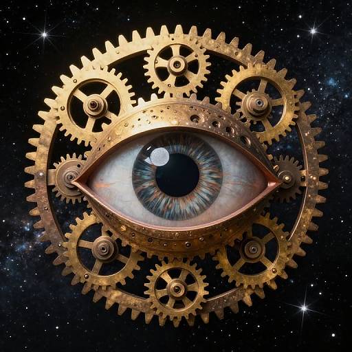 Digital artwork of a detailed blue-gray eye with intricate blue and white irises, surrounded by interlocking golden gears in a starry, cosmic background.