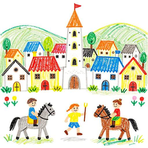 Colorful children's drawing of a village with red, blue, and yellow houses, a tall church with a red roof, and three kids riding horses
