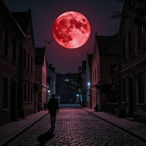 Nighttime photograph of a cobblestone street with a silhouetted person walking, illuminated by a large, glowing red full moon overhead, surrounded