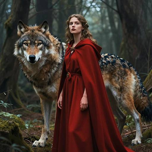 Digital art of a young woman in a red hooded cloak standing in a forest beside a large, alert wolf with striking eyes. Dark, misty