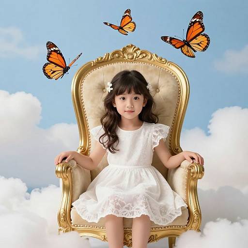 Photograph of an Asian girl with long black hair, wearing a white lace dress, sitting on an ornate gold throne, surrounded by three orange butterflies