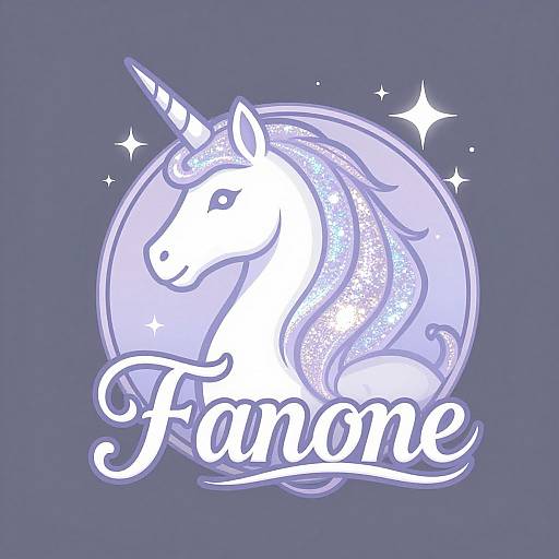 Digital illustration of a white unicorn with a sparkling, flowing mane, set against a circular purple background with 