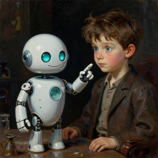 Digital painting of a curious blue-eyed boy pointing at a white, glowing-eyed robot with round body and mechanical arms, sitting at a wooden table with glass