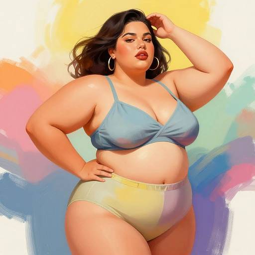 Digital illustration of a curvy Latina woman with medium skin tone, dark wavy hair, wearing a light blue bra and yellow panties, standing confidently with