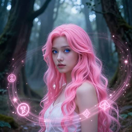 Digital artwork of a young woman with vivid pink hair, blue eyes, and glowing magical symbols in a dark, misty forest.