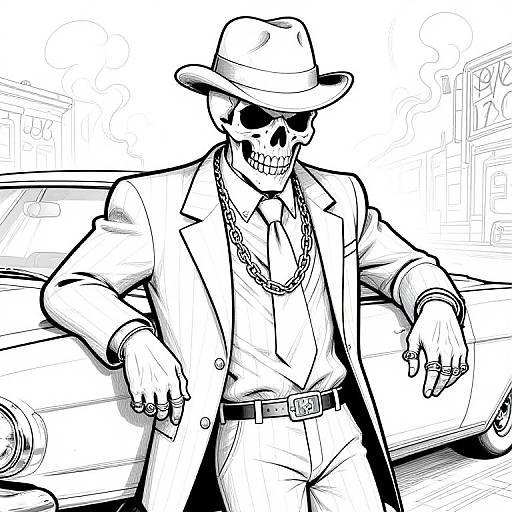 Black-and-white digital drawing of a skull-headed man in a suit, hat, and chains, leaning on a classic car.