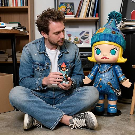 Photograph of a bearded man in denim, sitting cross-legged, holding a small toy, next to a large blue doll with a matching hat,