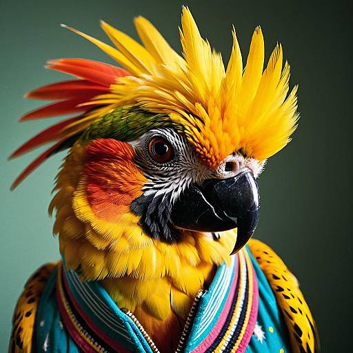 Photograph of a vibrant macaw parrot with a colorful crest of yellow, red, and orange feathers, wearing a multicolored striped scarf,