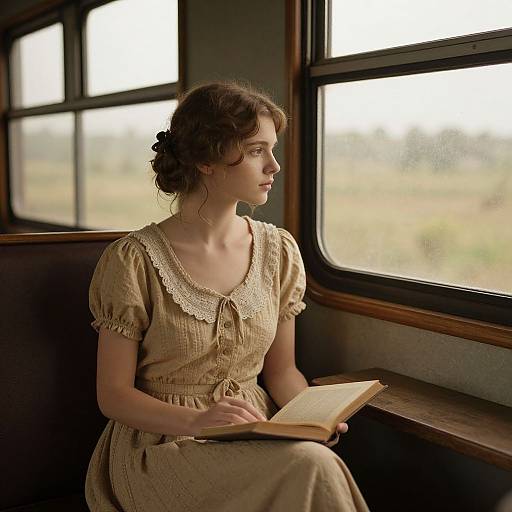 Photograph of a young woman with fair skin and brown hair in a vintage beige dress, reading inside a dimly lit train carriage by a window.