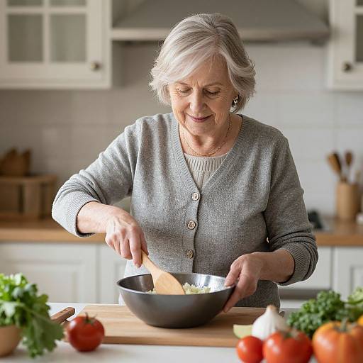 Photograph of an elderly woman with short gray hair, wearing a gray cardigan, cooking in a bright kitchen, mixing salad in a bowl with fresh