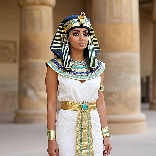 Photorealistic image of a young woman in an Egyptian pharaoh-inspired outfit, with striped blue and gold headdress, white dress, gold and turquoise