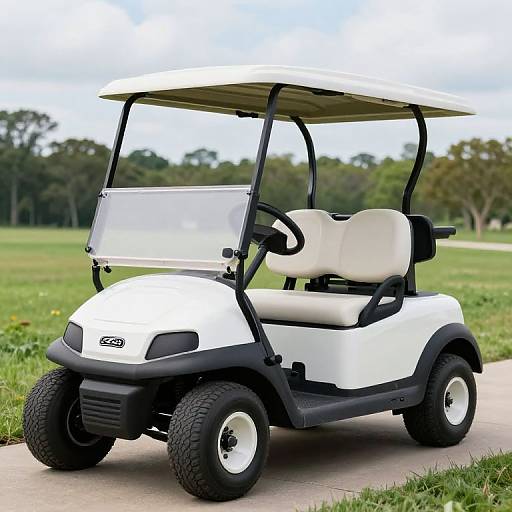 Photograph of a white golf cart with black accents and white seats, parked on a grassy path in a park.