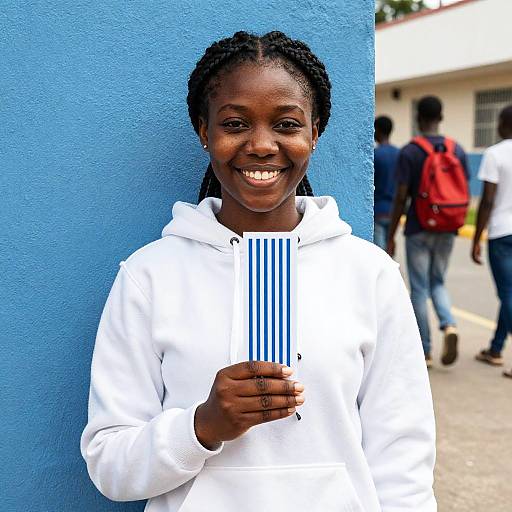 Smiling Black Woman by Blue Wall