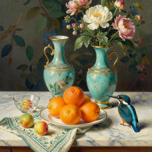Ornate Vases and Kingfisher Still Life