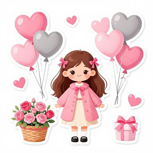 Cute anime-style girl with brown hair, pink bow, pink coat, holding pink and gray heart balloons, beside roses and gift box.