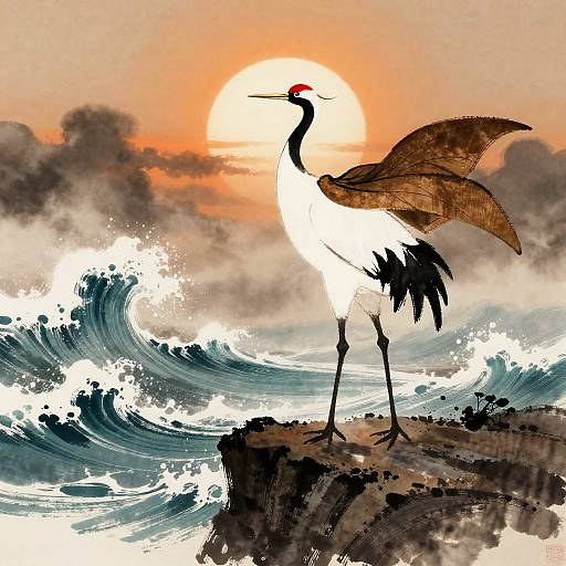 Samurai Red-Crowned Crane at Dawn
