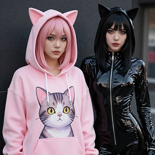 Photograph of two women: one with pink bob haircut, pink cat hoodie, and pink cat ears; the other with black bob, black cat ears