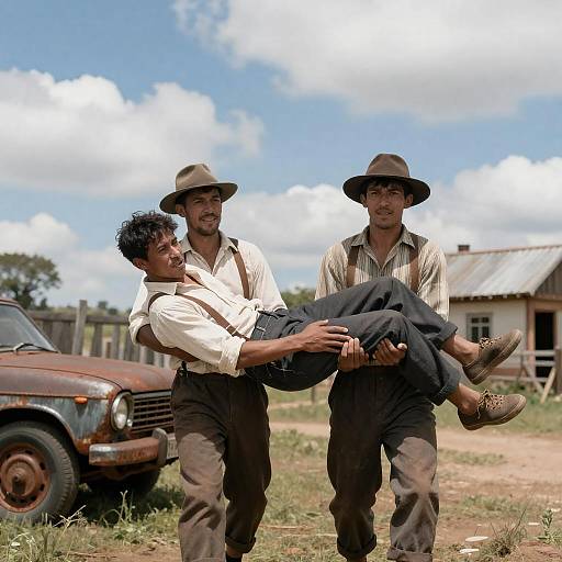 Vintage Rural Scene with Intense Expressions