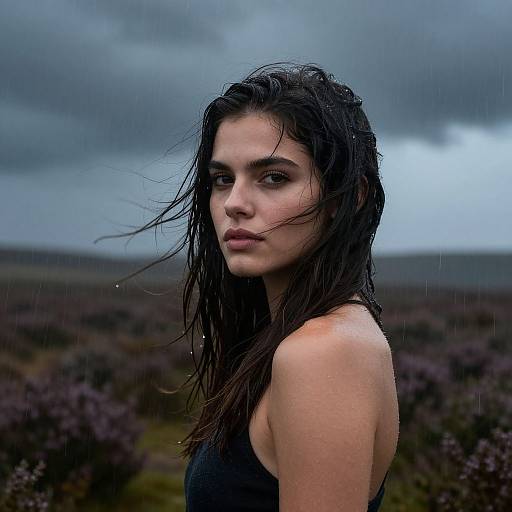 Photograph of a wet, dark-haired woman with piercing eyes, wearing a black tank top, standing in a moody, rain-soaked heath
